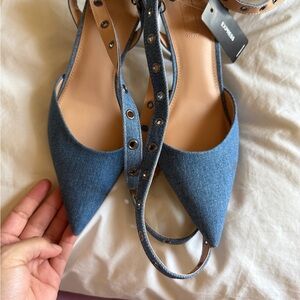 Express Blue Denim Pointed Slingback Flats with Studded Straps